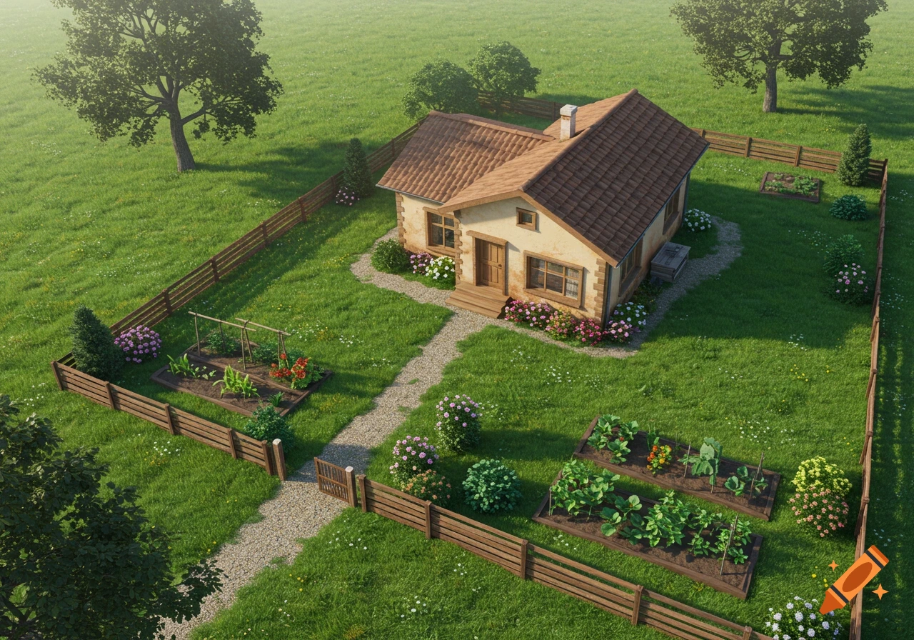 Aerial view of a charming small house with a brown roof and garden, surrounded by a green lawn and wooden fence.
