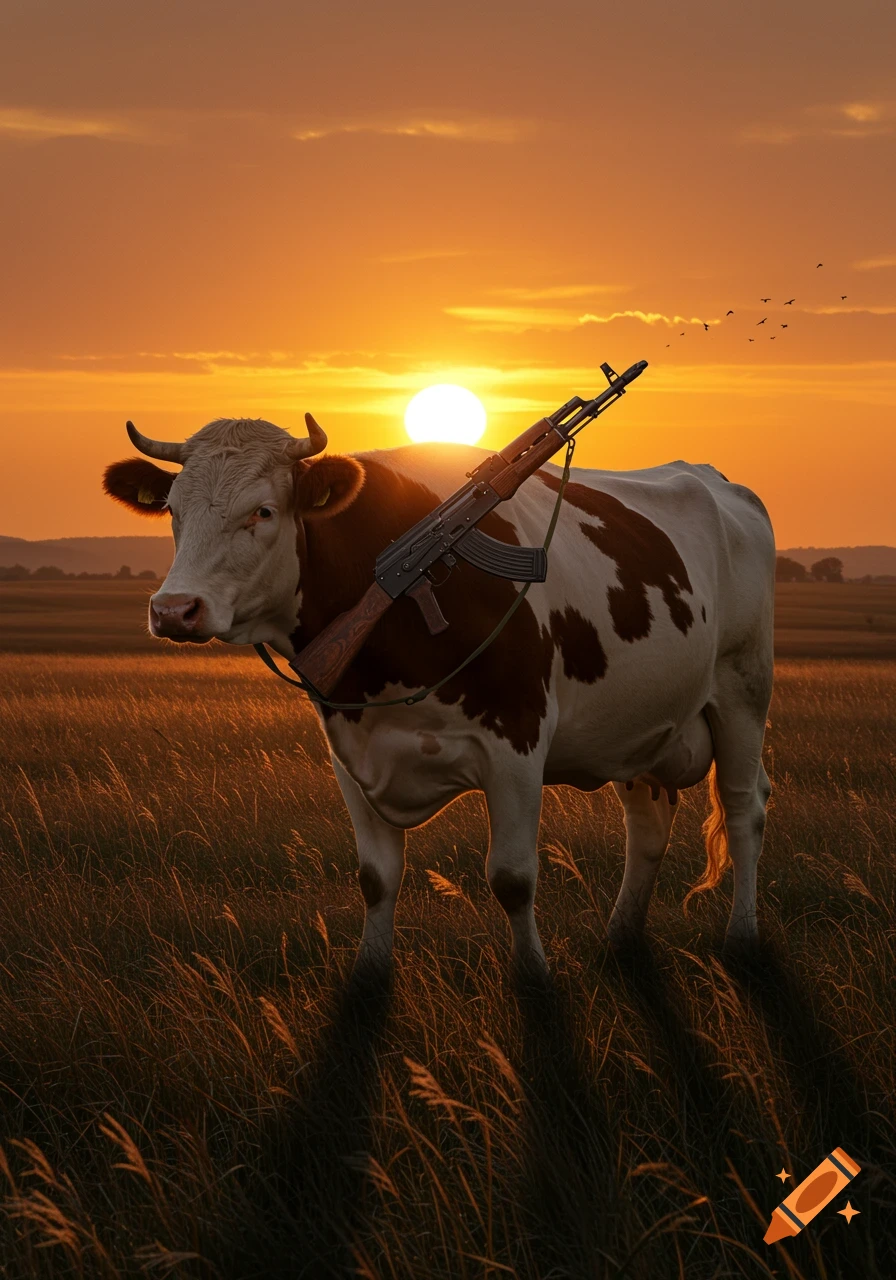 A brown and white cow stands in a golden field at sunset, an AK-47 slung across its back.