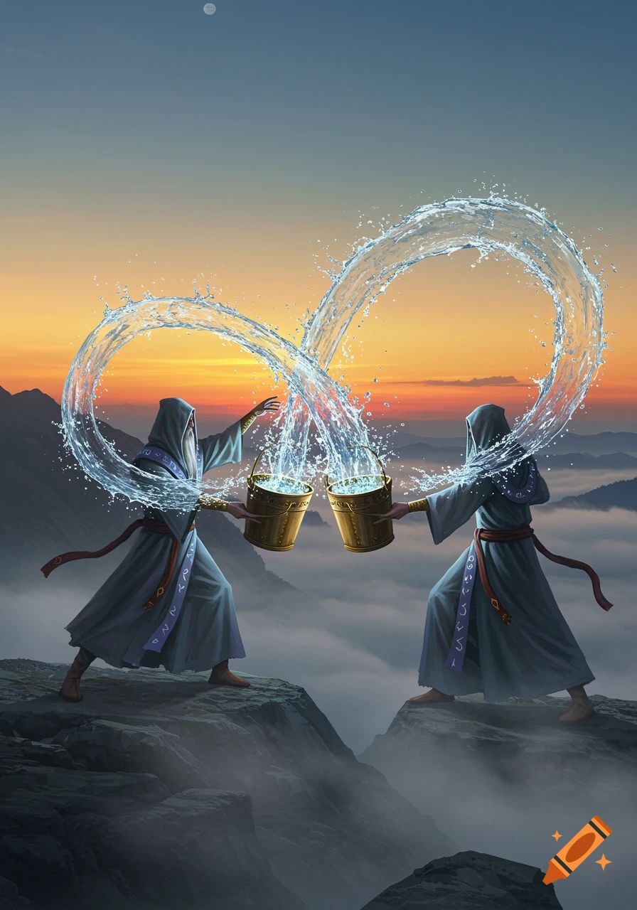 Two robed wizards duel on mountain peaks, splashing water from buckets that forms an infinity symbol against a sunrise sky.