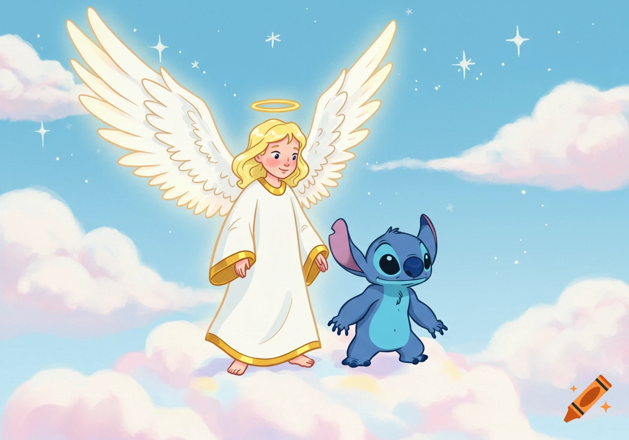 Cartoon of a blonde angel with white wings and a halo standing with blue alien character Stitch on pink clouds in a blue sky with stars.