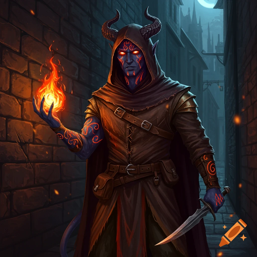 A hooded, blue-skinned tiefling with horns and glowing red markings holds a floating flame and a dagger in a dark alley.
