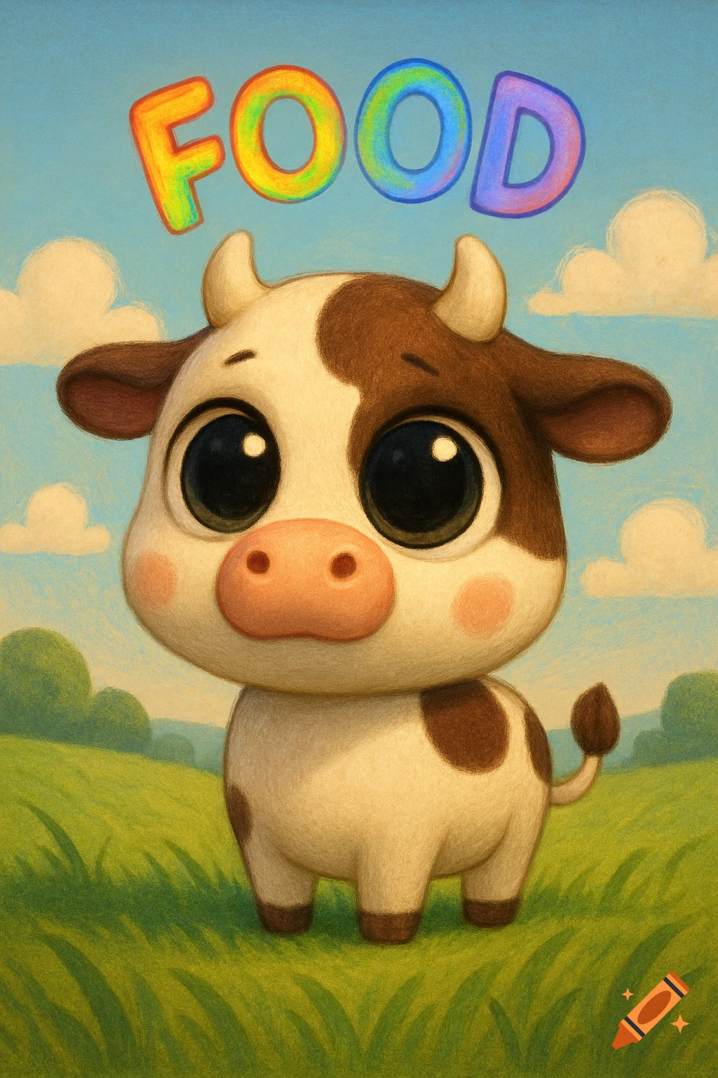 A cute, big-eyed cartoon cow stands in a field with the colorful word 'FOOD' hovering above its head.