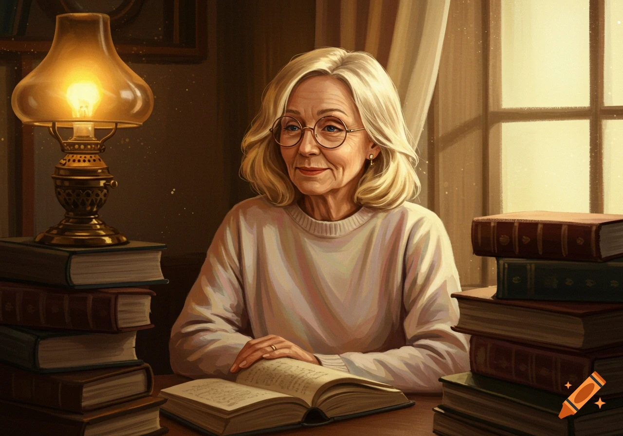 A photorealistic portrait of an older woman with blonde hair and glasses, sitting at a wooden desk with stacks of books and an illuminated oil lamp, reading an open book.