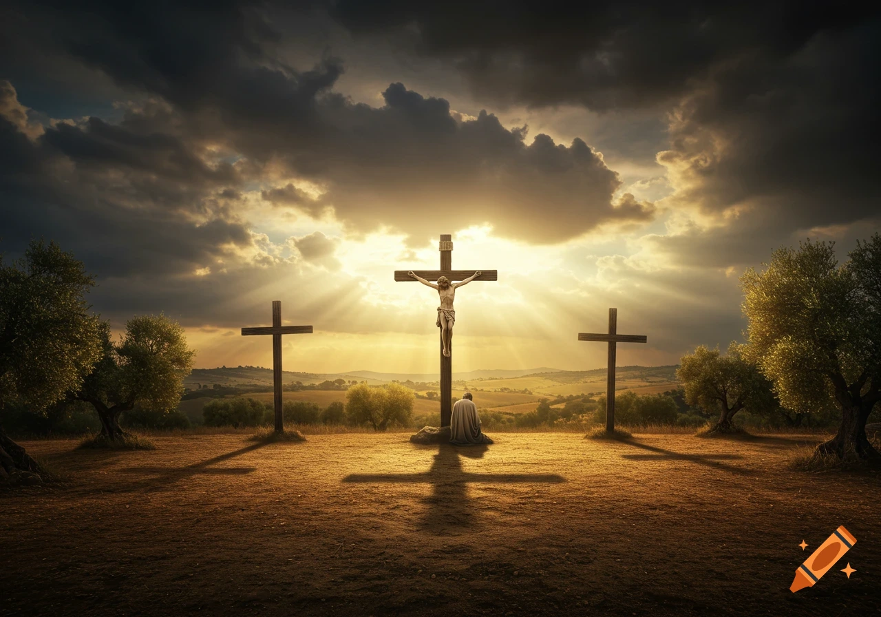 A kneeling figure at the base of the central cross on Calvary, bathed in sunset rays, with two other crosses and olive trees.