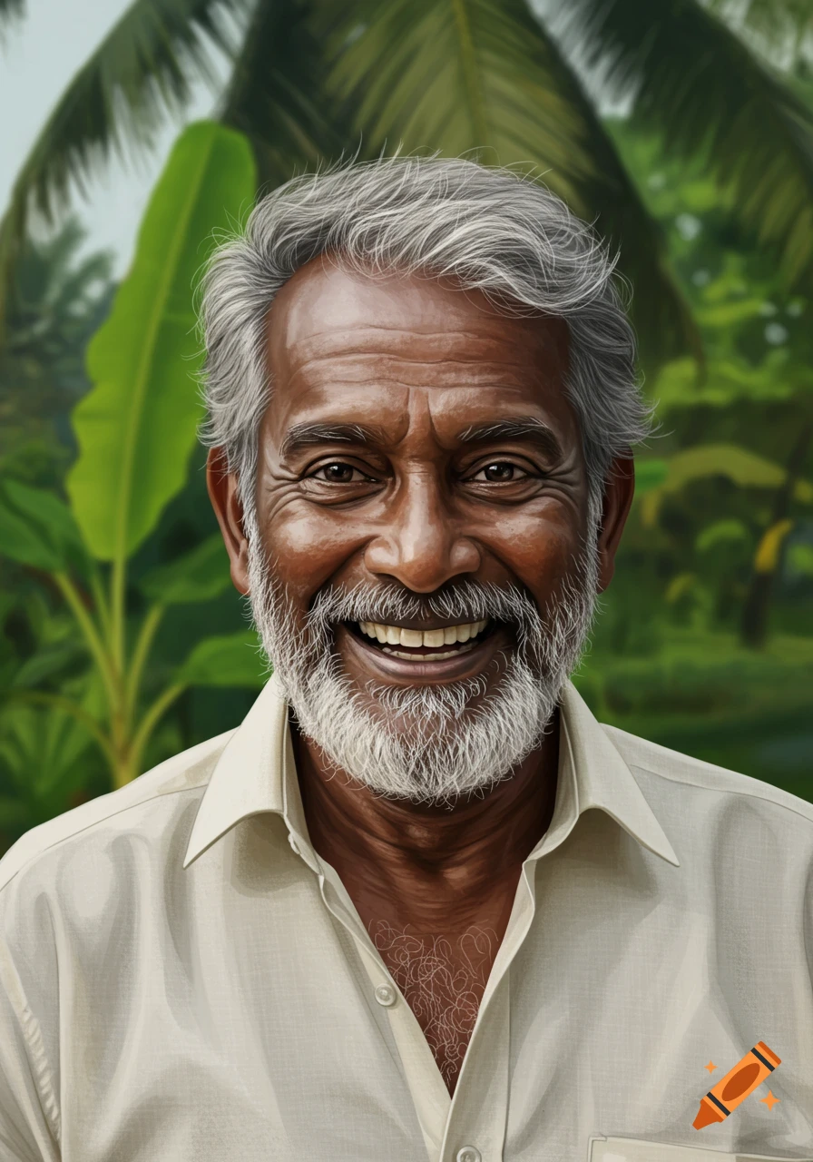 A smiling older man with a white beard and gray hair, wearing a light shirt, standing against a lush tropical background.