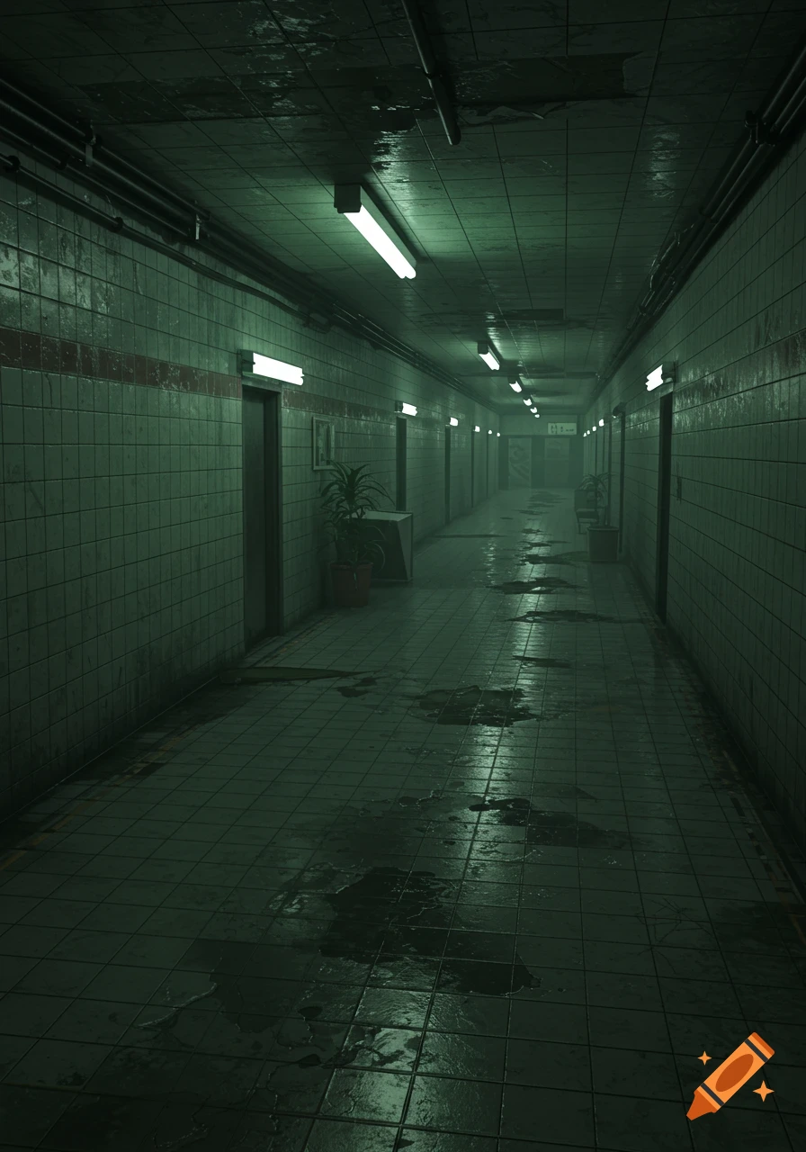 A long, green-tinted tiled hallway with low ceilings, fluorescent lights, and wet puddles on the floor, suggesting a liminal space.