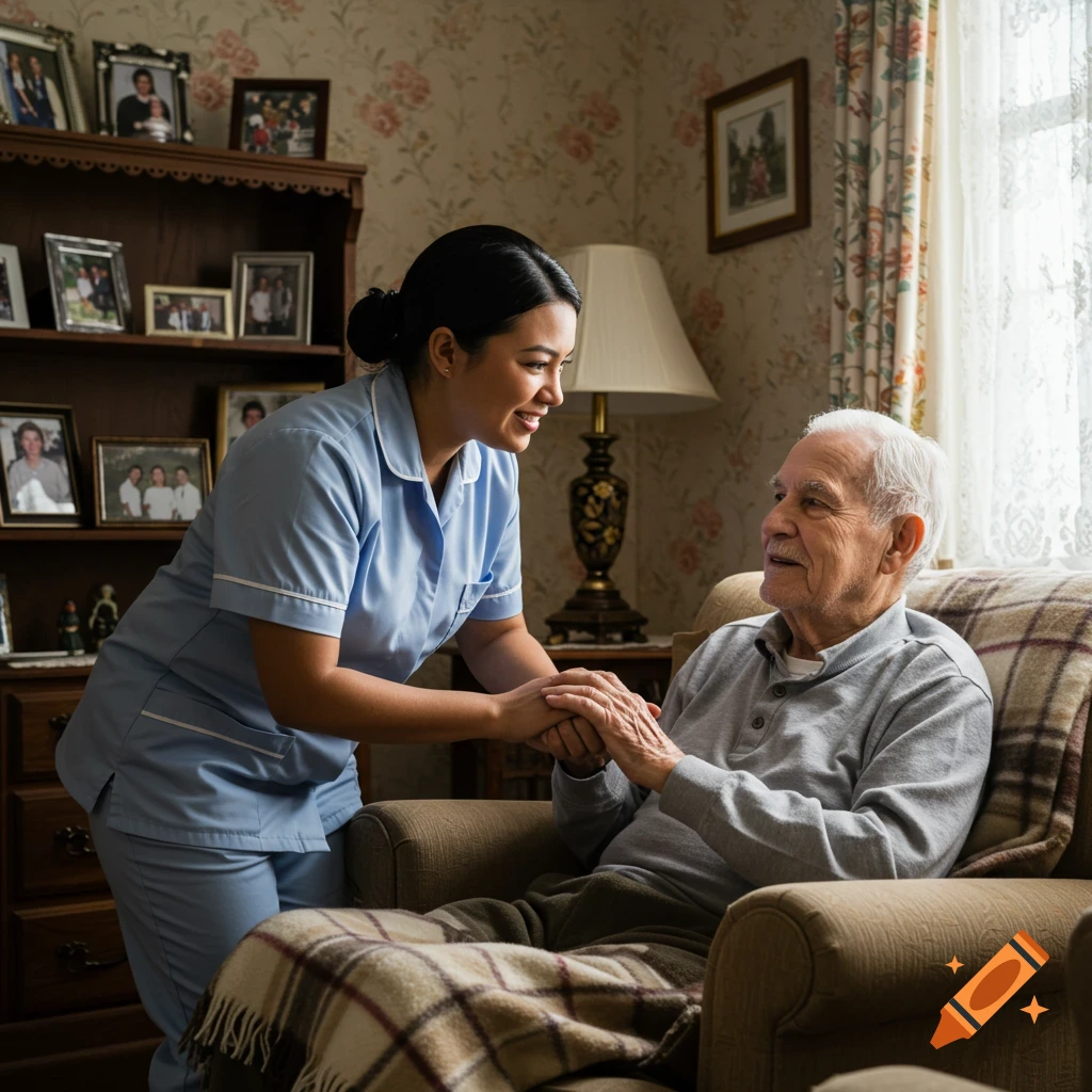 Photorealistic image of a female home healthcare aide holding hands with an elderly man sitting in a cozy living room.