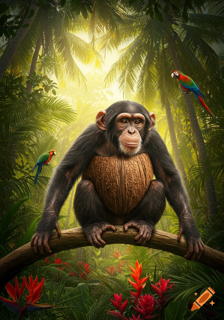 A chimpanzee with a coconut torso sits on a branch in a vibrant, sunlit jungle, with two colorful parrots and red flowers.