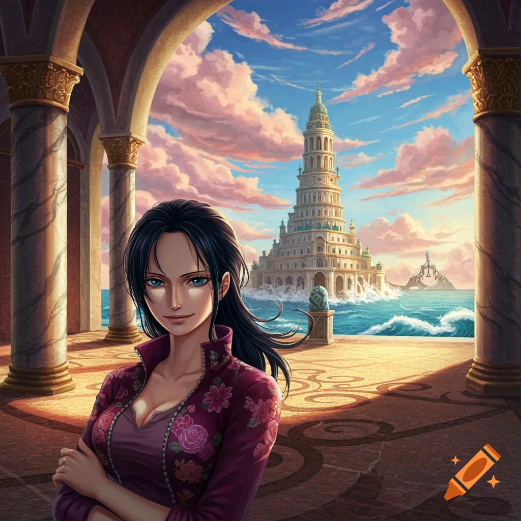 An anime woman with dark hair and blue eyes stands on a terrace, looking out at a grand white tower in the ocean under a pink and blue sky.