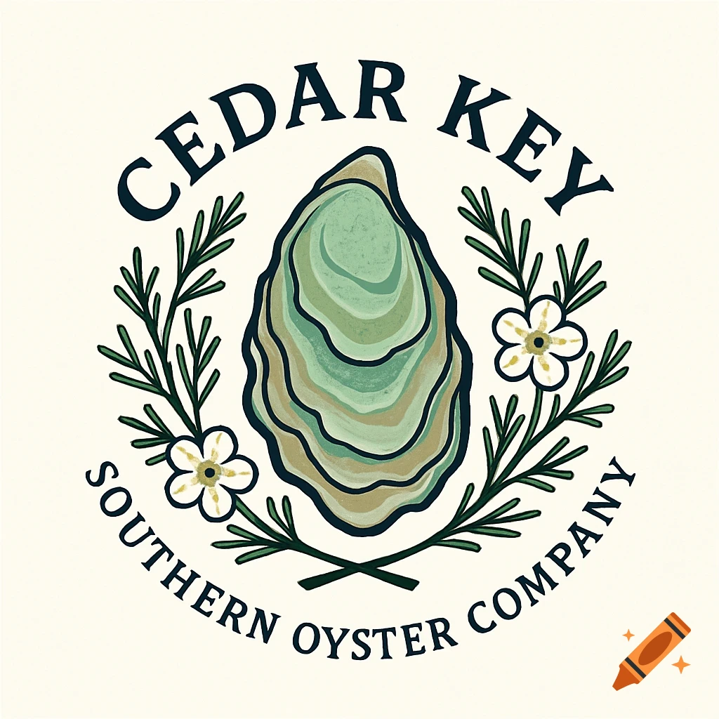 An illustrated logo for Cedar Key Southern Oyster Company featuring a stylized oyster shell surrounded by green sprigs and small white flowers, all within a circular design.