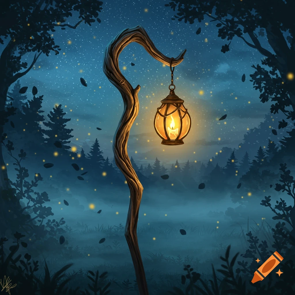 A magical staff with a glowing lantern hangs in a dark, misty forest with fireflies at night.