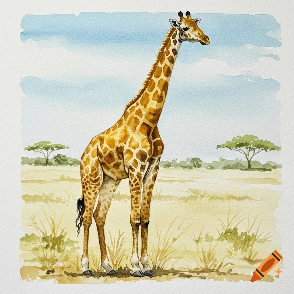 A watercolor painting of a tall giraffe standing in a grassy savanna under a blue sky.