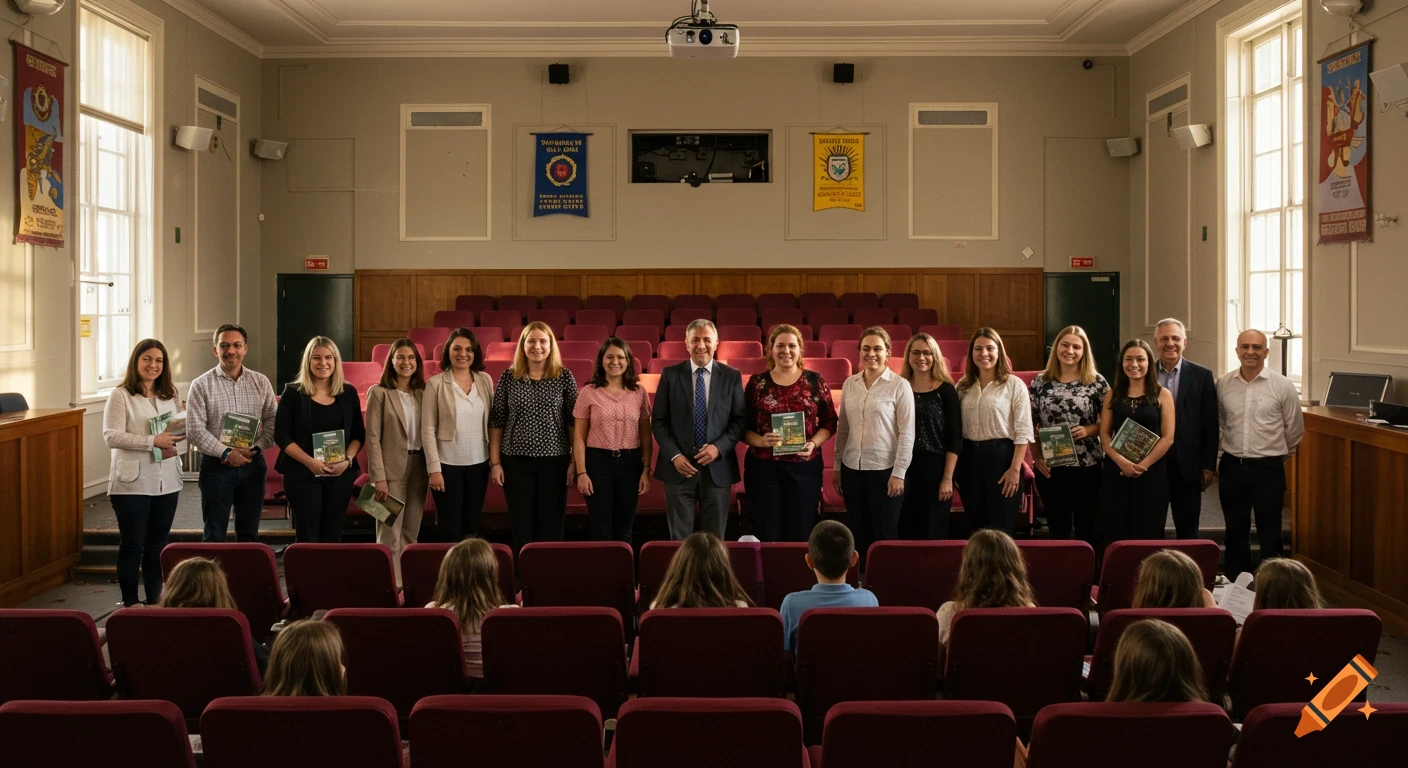 A group of adults, including men and women, standing in rows in a large lecture hall with red seats, holding books. Children sit in the foreground with their backs to the camera. Banners hang on the walls.