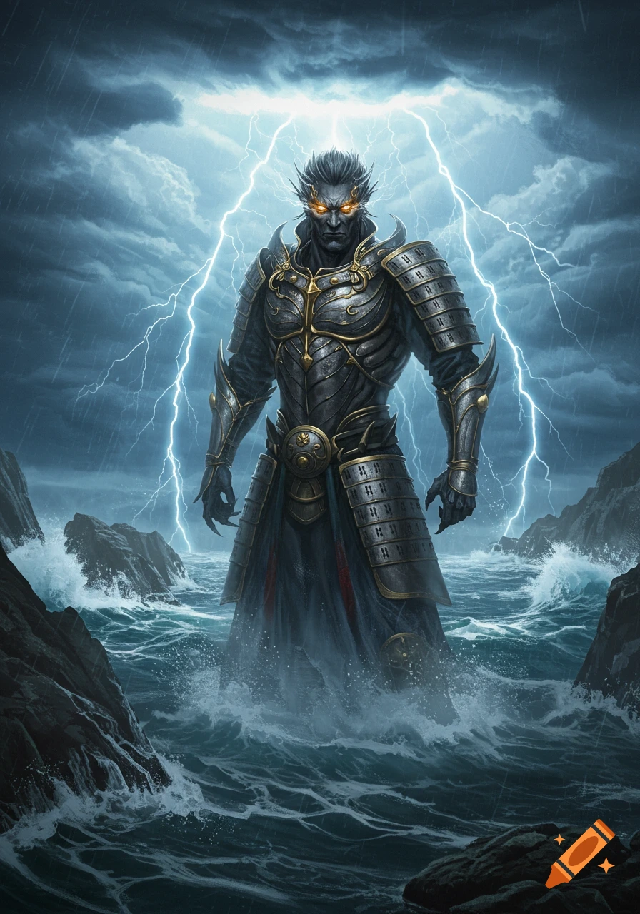 A powerful, armored warrior with glowing eyes stands amidst crashing waves and lightning under a stormy sky in a digital art style.