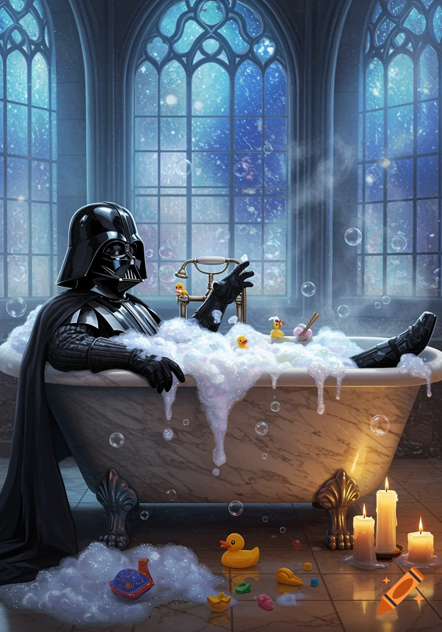 Darth Vader takes a bubble bath with rubber ducks in a gothic bathroom with starry windows.