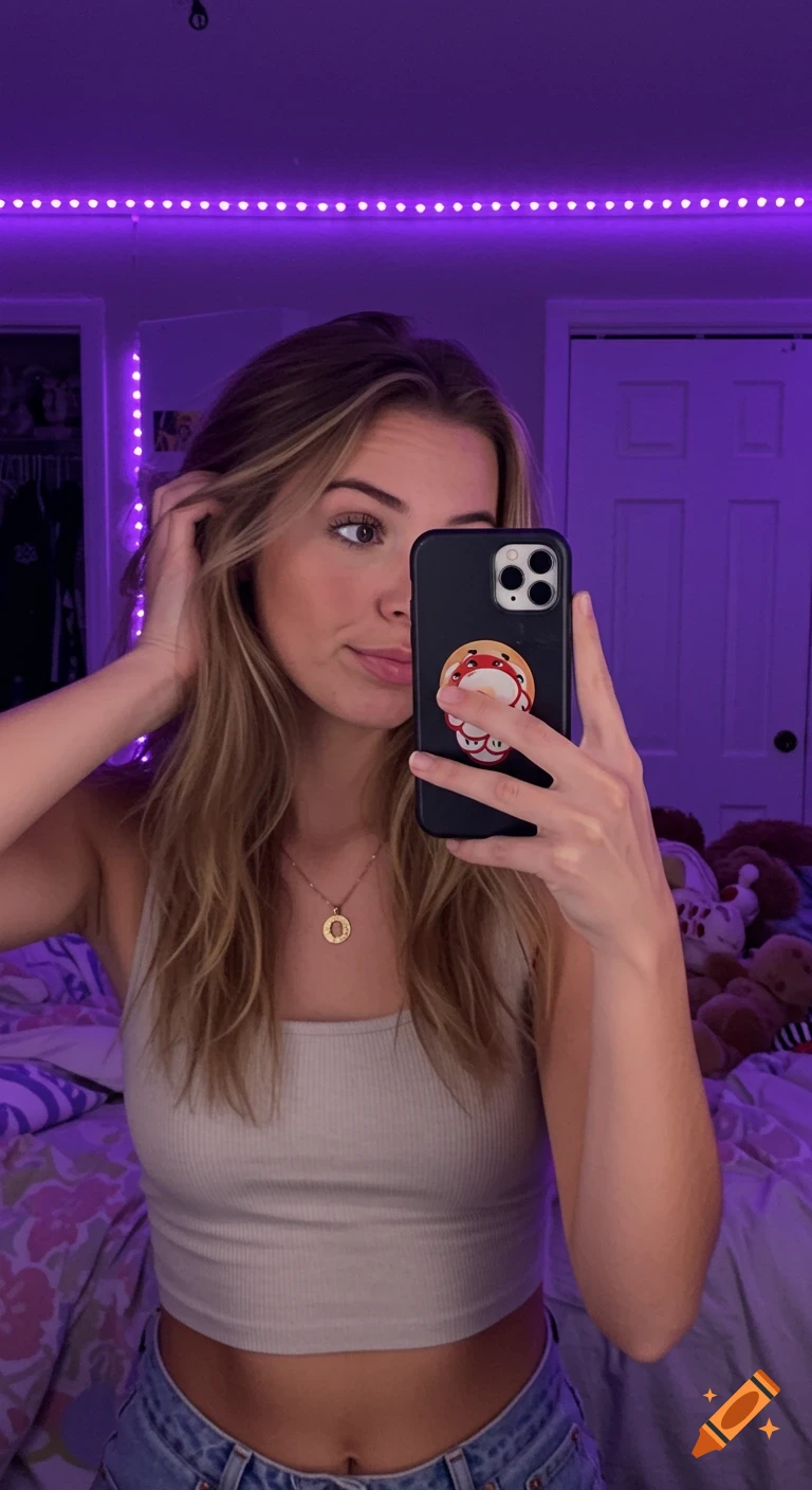 A young woman takes a selfie in her bedroom with purple LED lights, wearing a tank top and jeans.