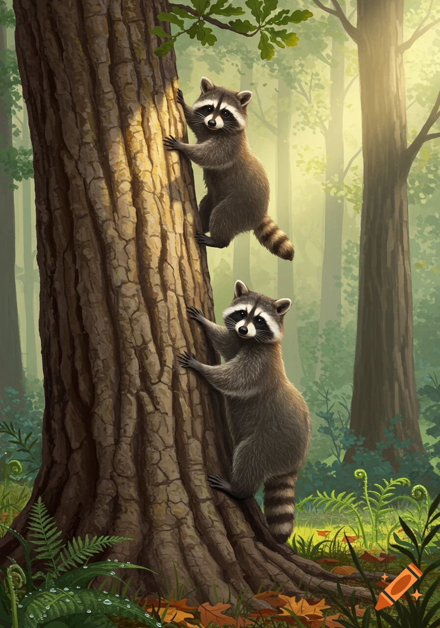 Two raccoons climb a large tree trunk in a sunlit forest, illustrated.