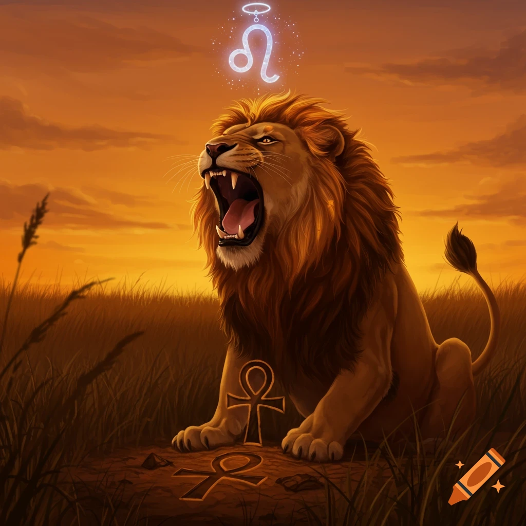 A roaring lion sits in a field at sunset, with a glowing Leo zodiac symbol above its head and Ankh symbols on the ground.