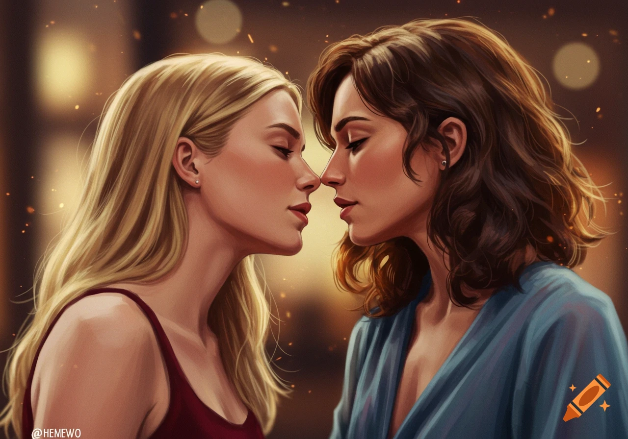 Two women, a blonde in a maroon top and a brunette in a blue dress, lean in close to kiss in an artistic illustration.