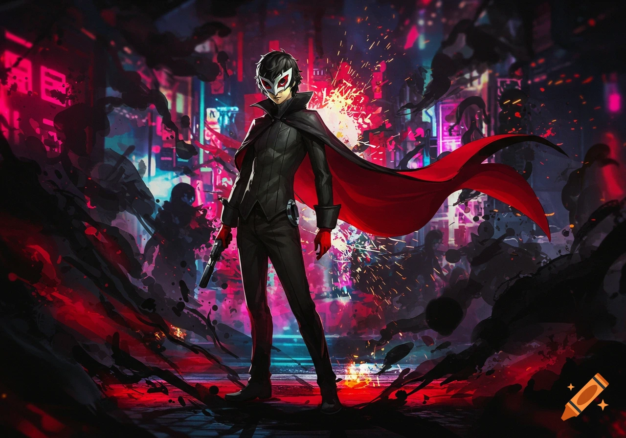 Anime art of Joker from Persona 5 standing in a dark, neon-lit cityscape with red and pink light, holding a pistol.