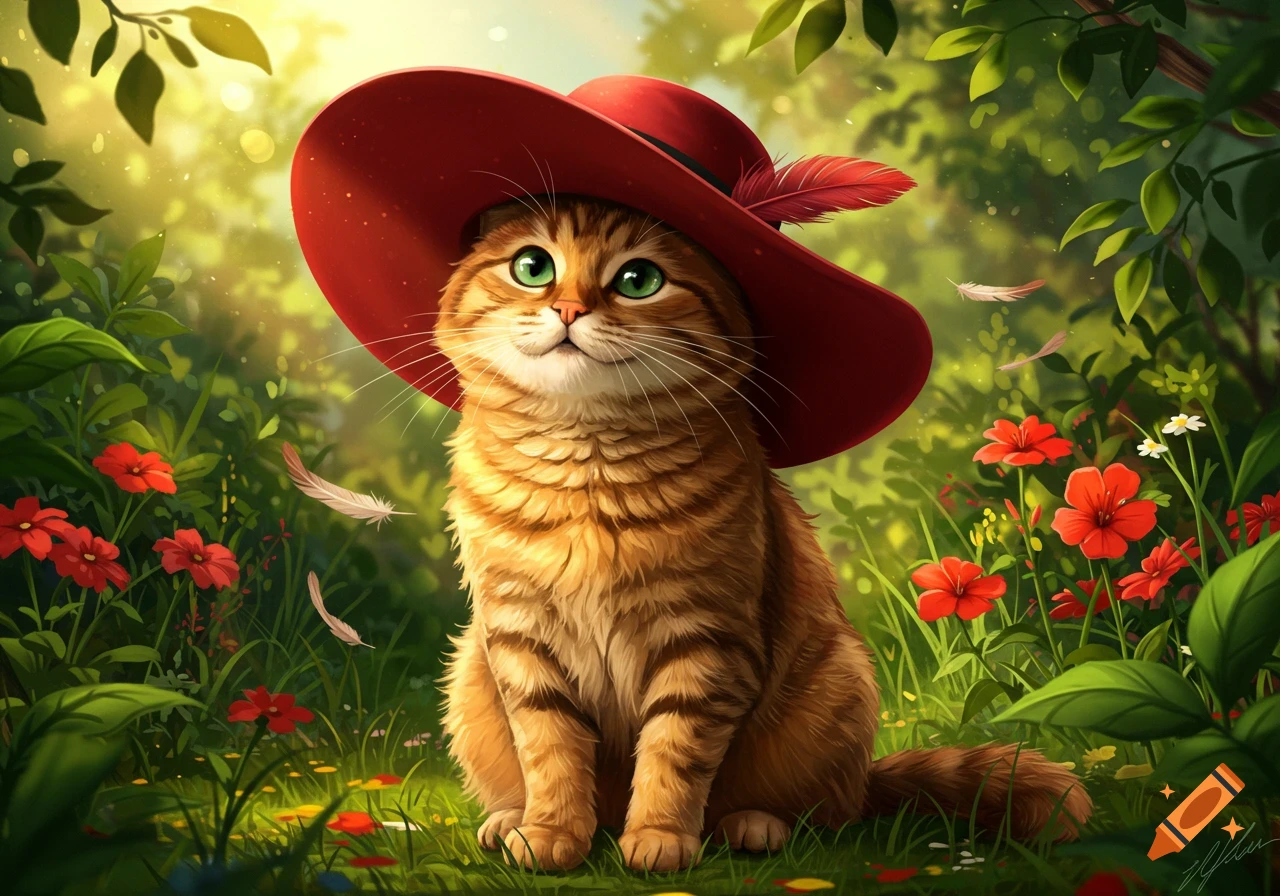 A charming, fluffy orange tabby cat with green eyes wears a wide-brimmed red hat with a feather, sitting in a sunny, vibrant green forest with red flowers and scattered white feathers.
