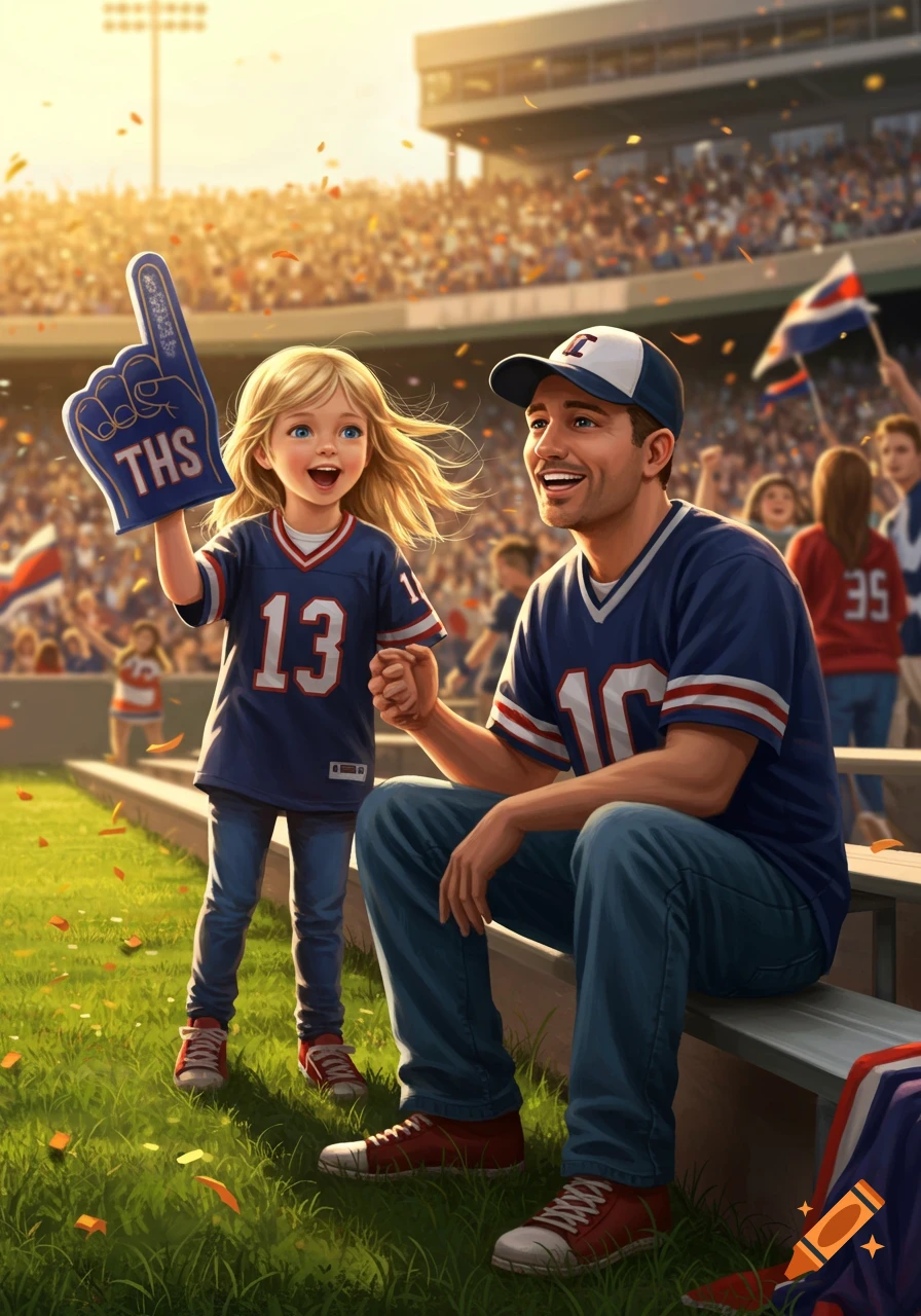 A happy father and daughter at a sunny baseball stadium, with the girl holding a blue foam finger and confetti in the air.