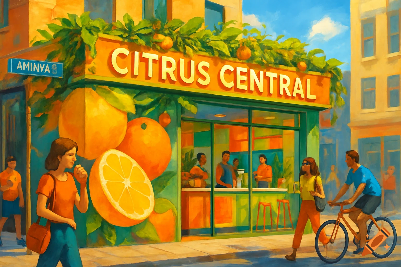 A colorful painting of a bustling street scene featuring the 'Citrus Central' juice bar, adorned with large oranges and leaves. People walk and cycle on the sidewalk in front of the store.