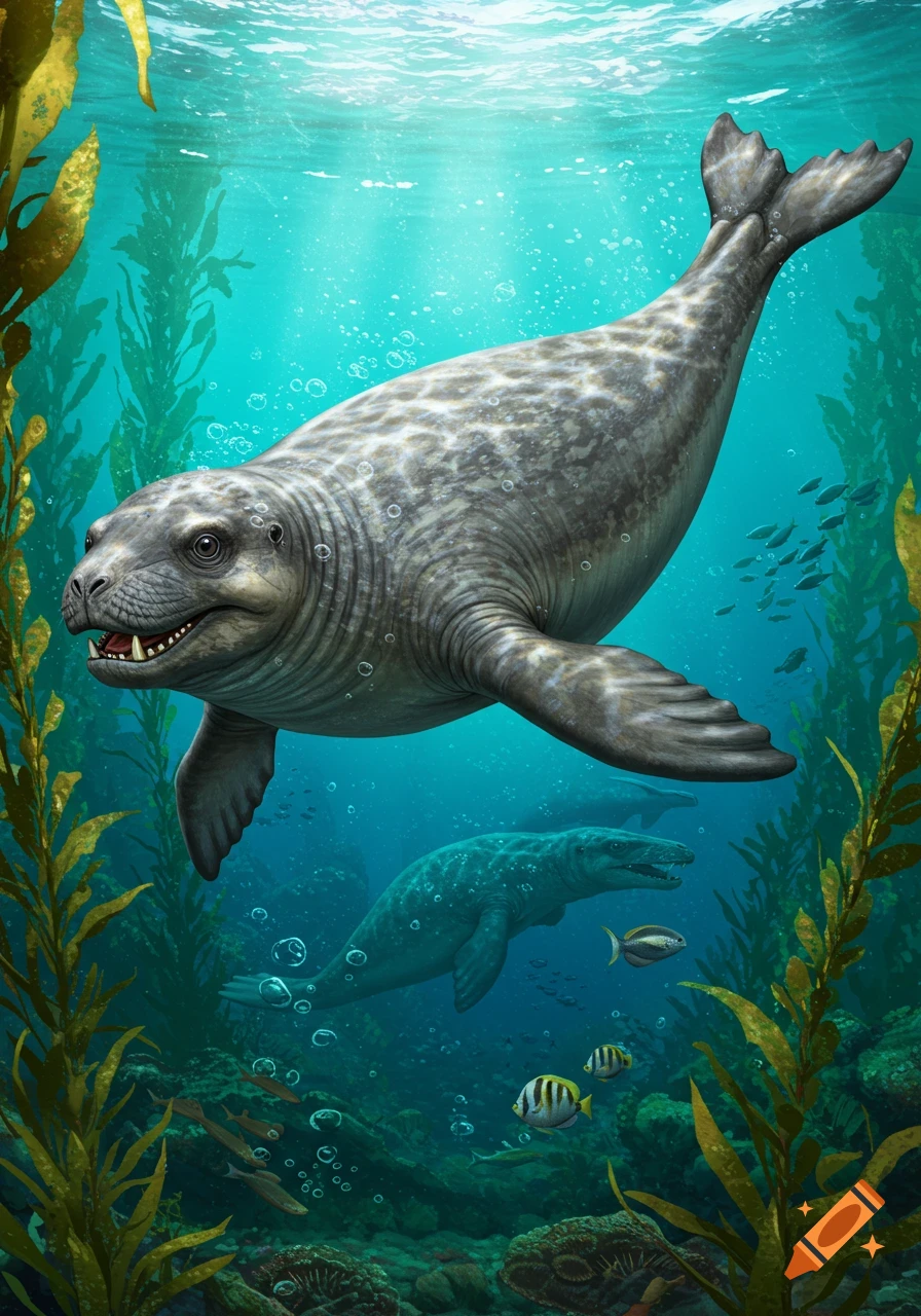 A detailed illustration of a grey, seal-like marine creature swimming in a blue ocean with kelp and fish.