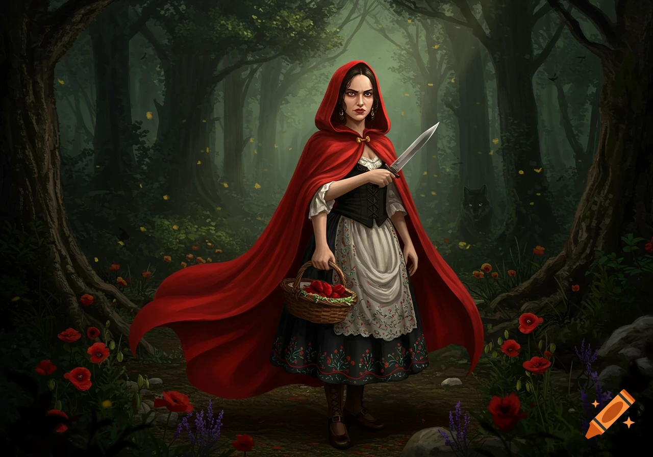 Little Red Riding Hood with a knife stands in a dark forest, a wolf subtly visible in the background. She holds a basket.