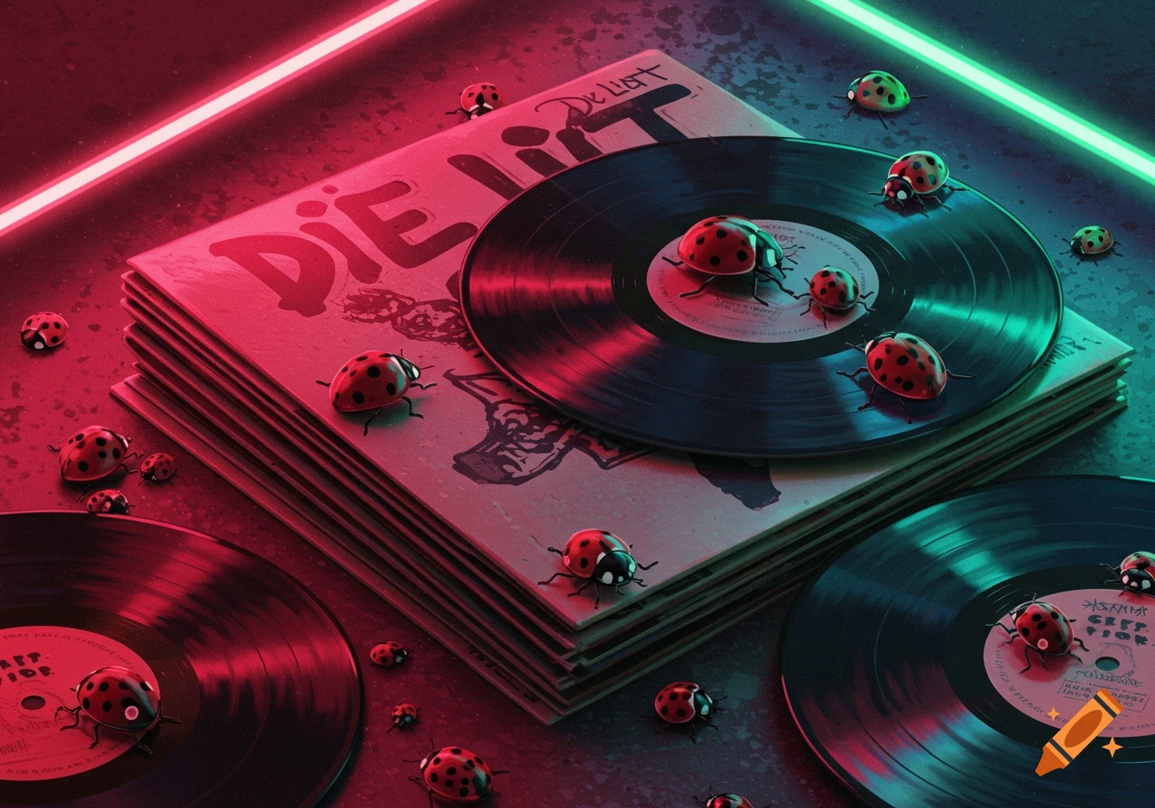 Close-up of a stack of "Die Lit" vinyl albums with several ladybugs crawling on them, illuminated by vibrant red and green neon lights.