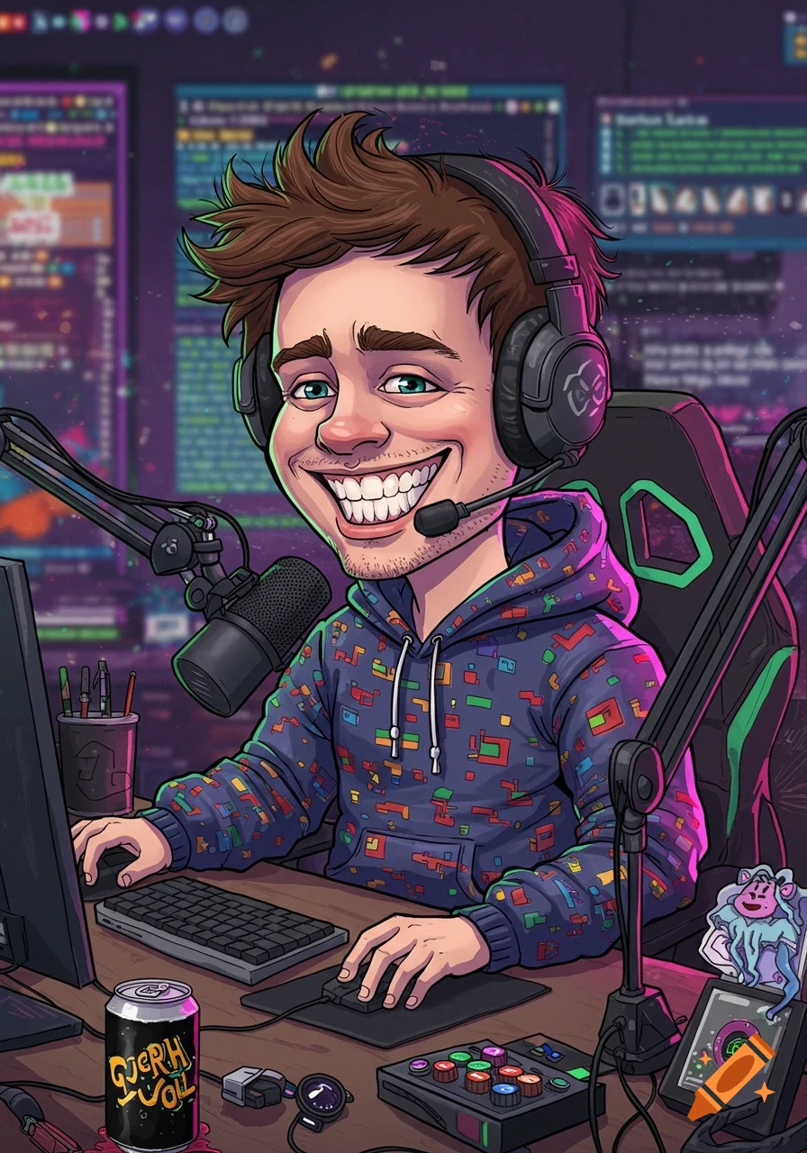 A cartoon caricature of a male streamer wearing headphones and a hoodie, smiling broadly while gaming at a desk with a microphone and computer setup.
