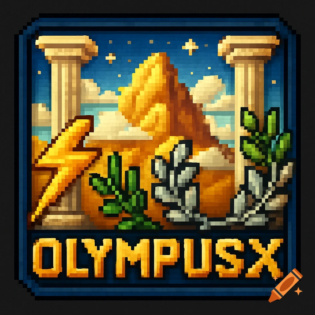 Pixel art icon featuring a lightning bolt, classical columns, a mountain, and olive branches, with the text 'OLYMPUSX' at the bottom.