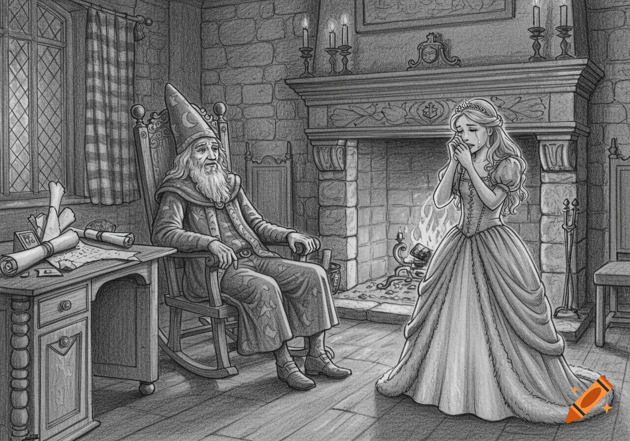 A black and white pencil drawing of a long-bearded magician in a rocking chair observing a crying princess in a fluffy dress in a castle room.