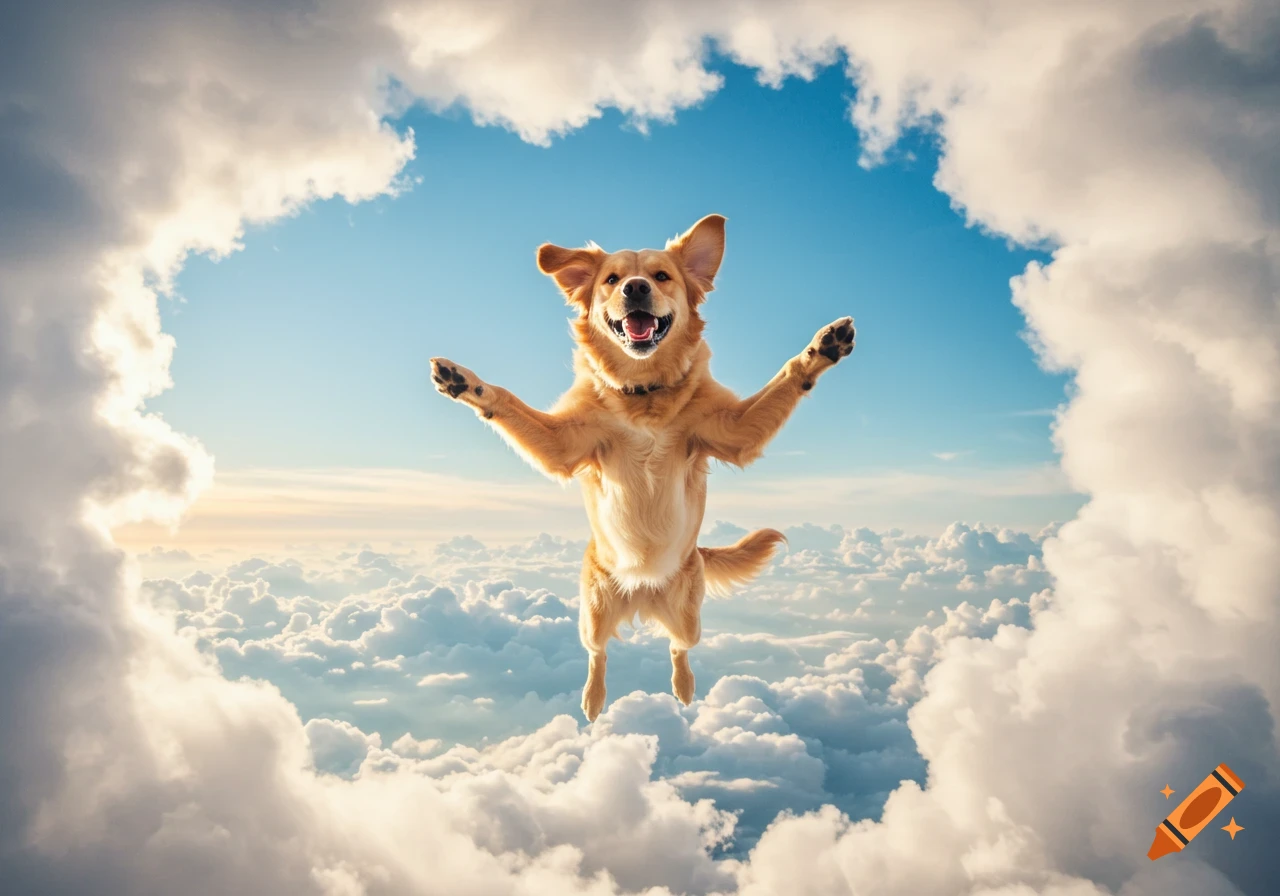 A happy golden retriever dog flying through a cloud-filled blue sky.