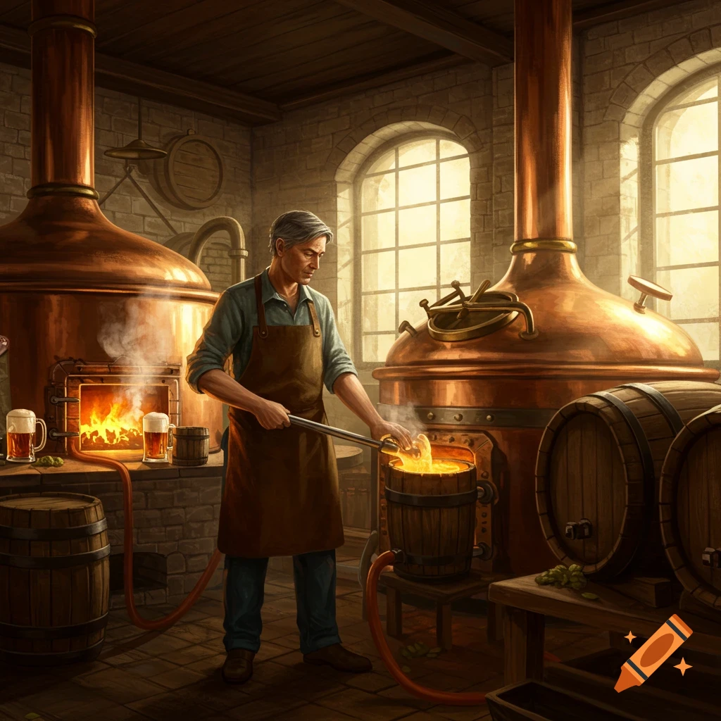 A man in an apron brews beer in a rustic brewery with large copper vats and wooden barrels.