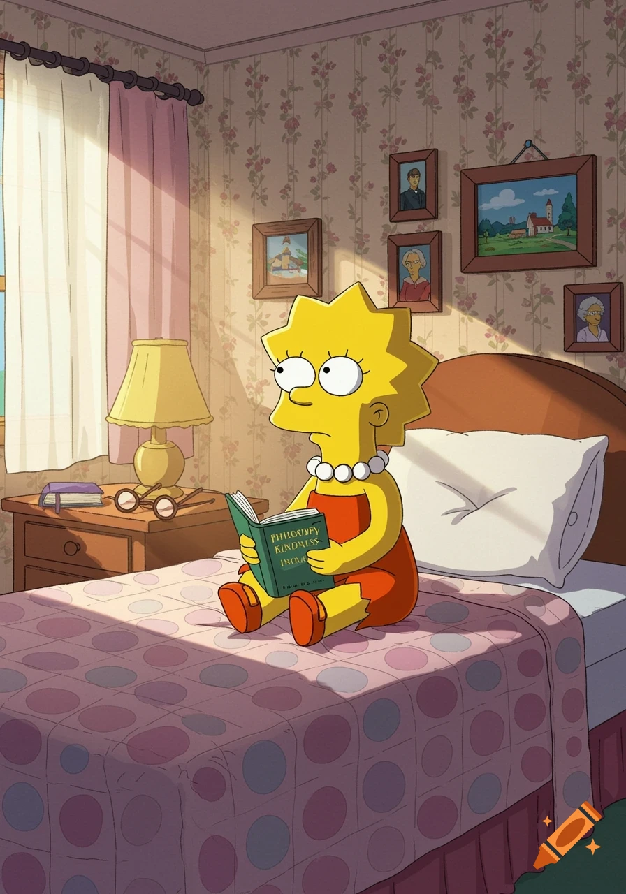 Lisa Simpson, a yellow cartoon character, sits on a bed in a sunlit bedroom, reading a green book.