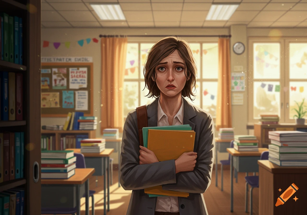 A worried teacher holding books stands in the middle of a classroom, filled with desks and bookshelves.