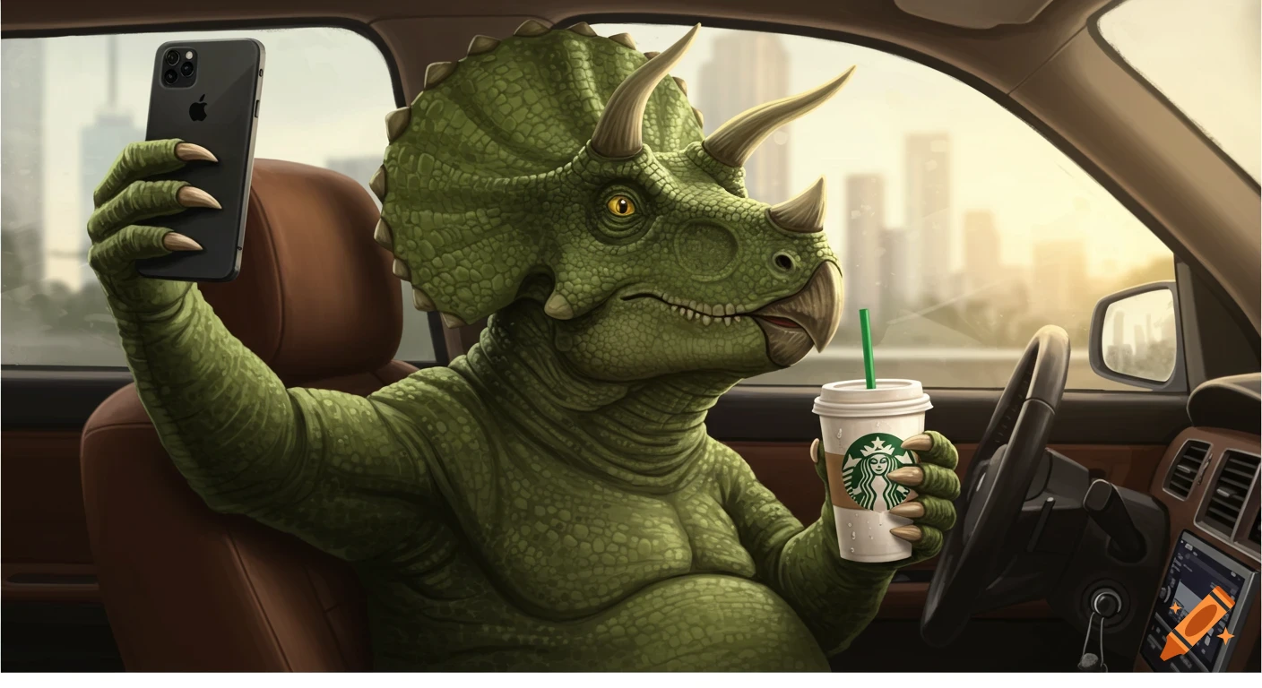 A green triceratops takes a selfie with a smartphone while holding a Starbucks coffee cup in a car.