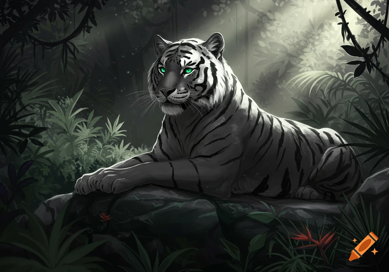 An illustrative depiction of a white tiger with bright green eyes resting in a dark, lush jungle with light rays filtering through.