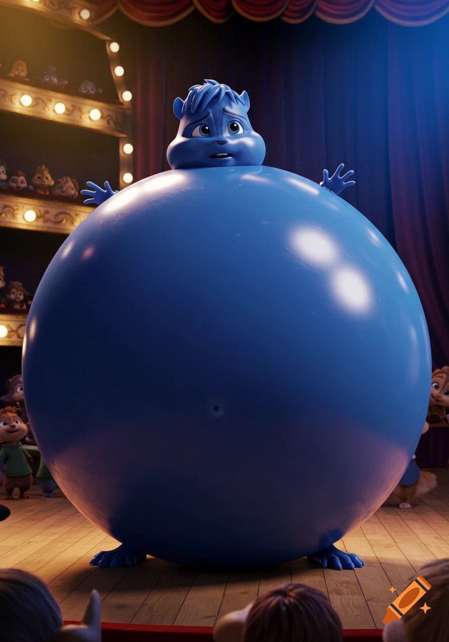 A 3D animated blue Alvin the Chipmunk, inflated like a giant blueberry, looks nervous on stage.