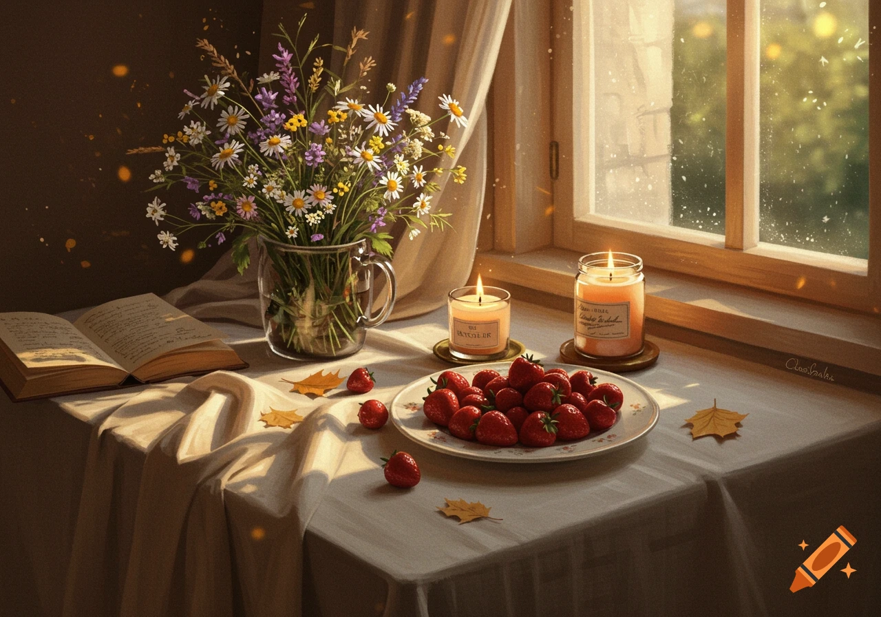 A cozy still life with a vase of wildflowers, a plate of strawberries, and two lit candles on a tablecloth, by a sunlit window with a book nearby.
