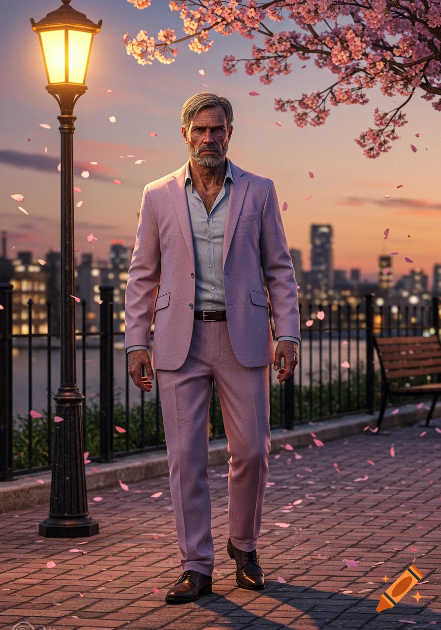 A man with scars in a pastel pink suit stands on a brick path under cherry blossoms and a lamppost, with a city skyline at sunset.