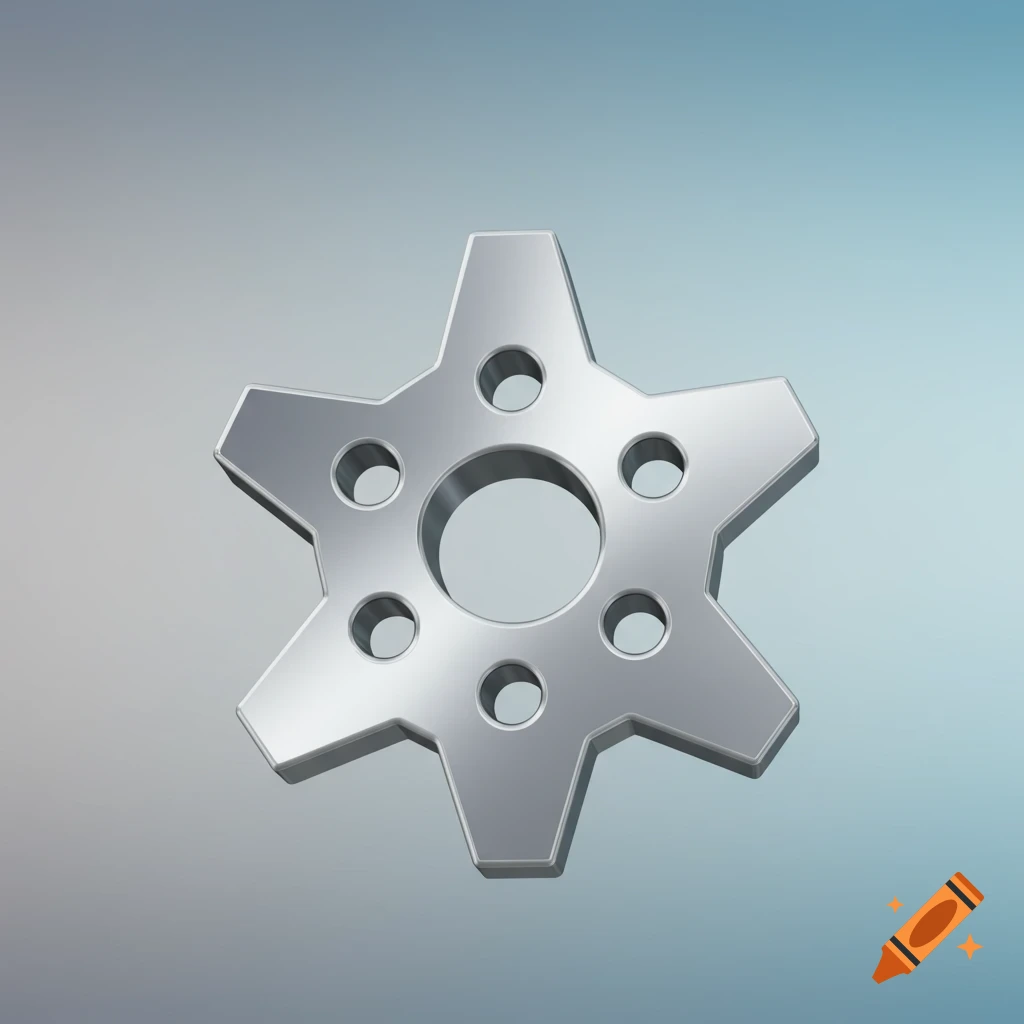 A shiny silver six-pointed star-shaped gear or cog with multiple holes, against a light blue and grey gradient background.