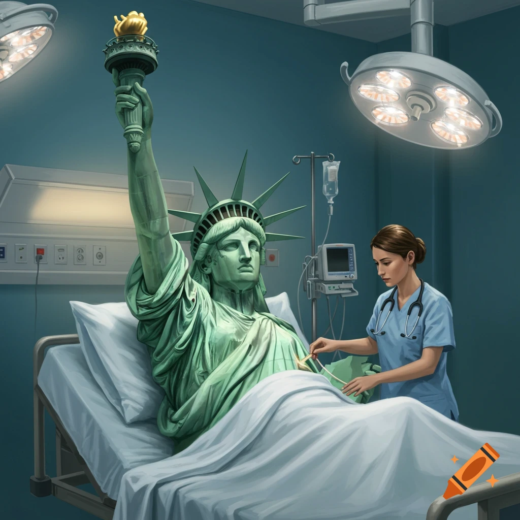 Statue of Liberty lying in a hospital bed, receiving an IV from a female doctor, digital illustration.