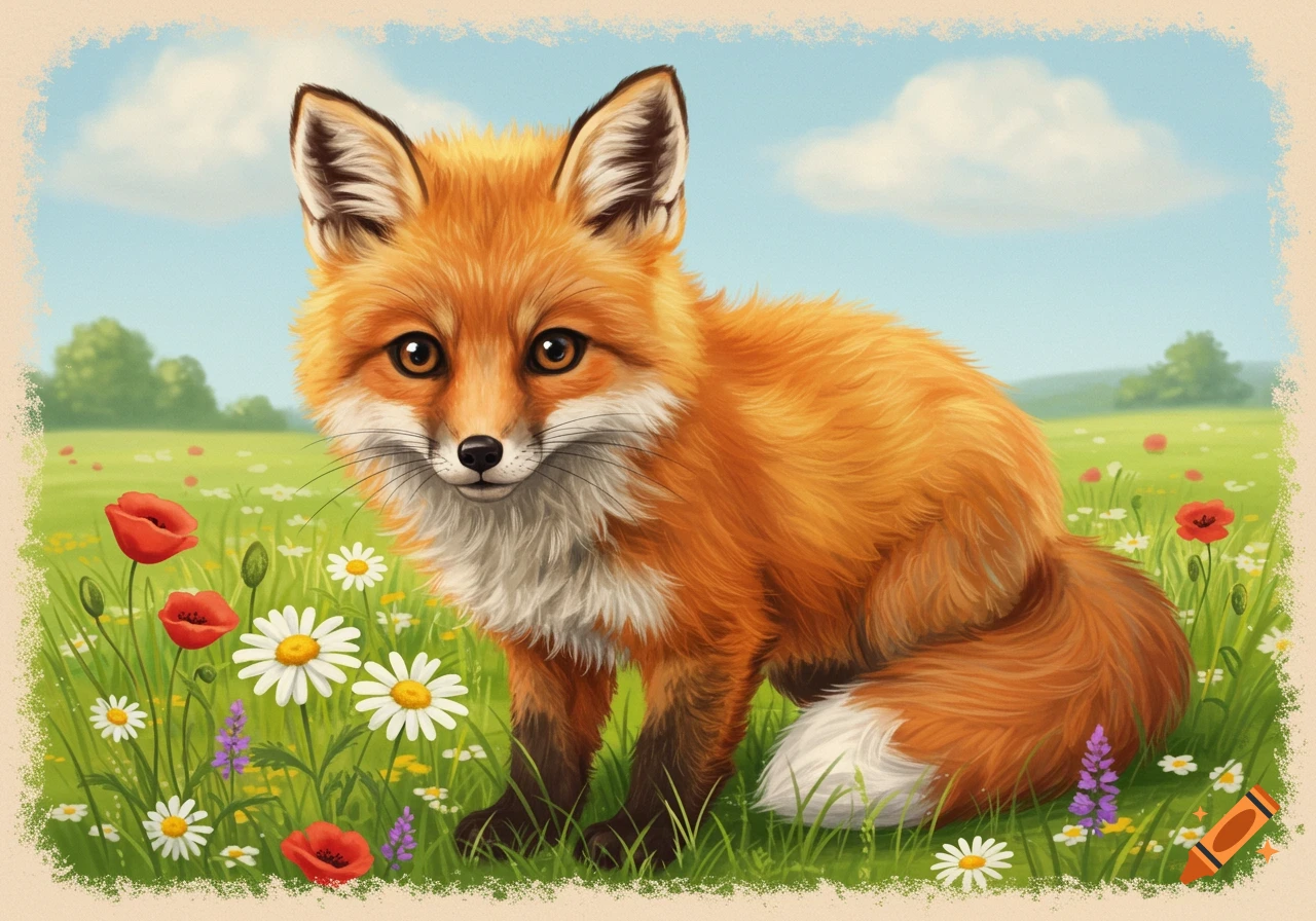 A cute fox with orange and white fur sits in a field of red poppies and white daisies under a blue sky.