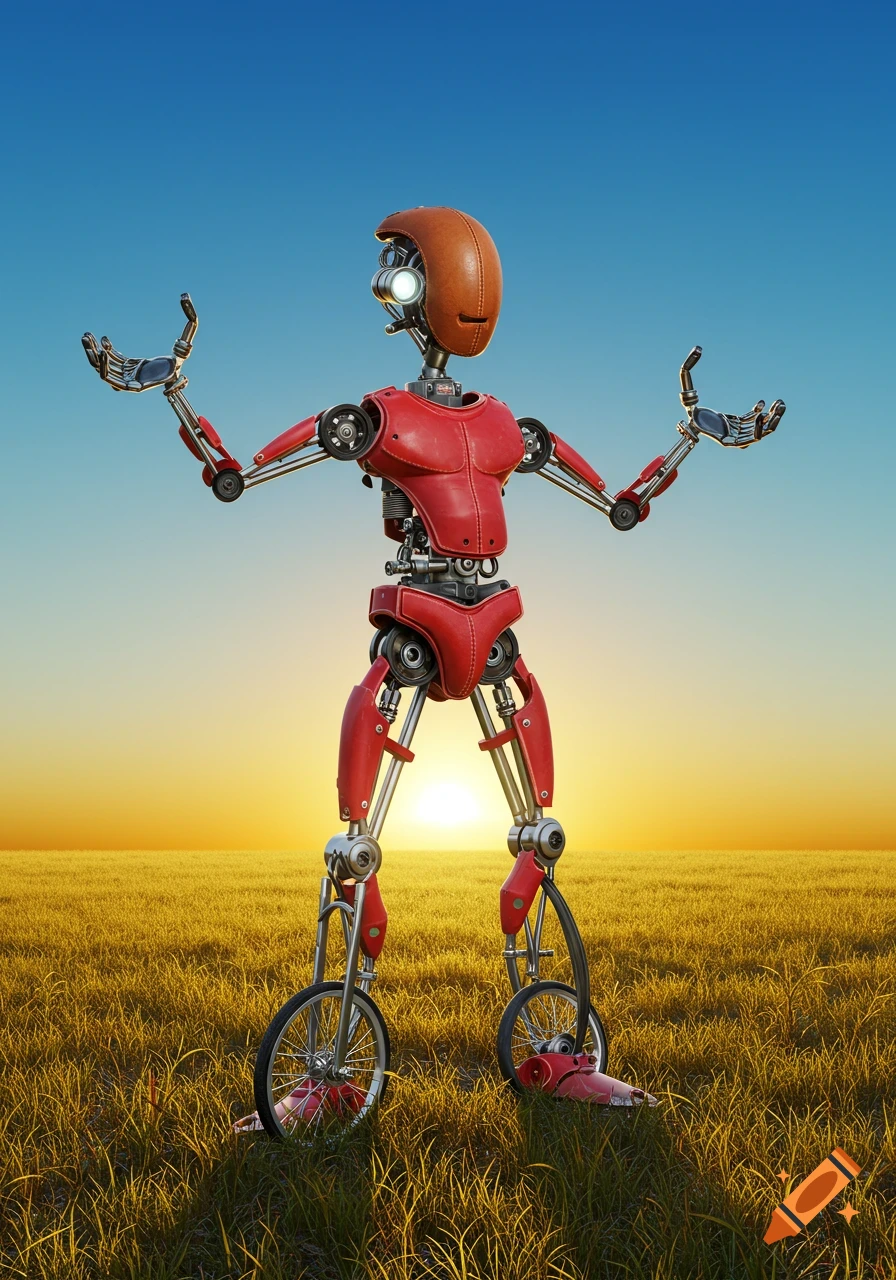 A red robot with a brown head and bicycle wheels for legs stands in a golden field at sunset.
