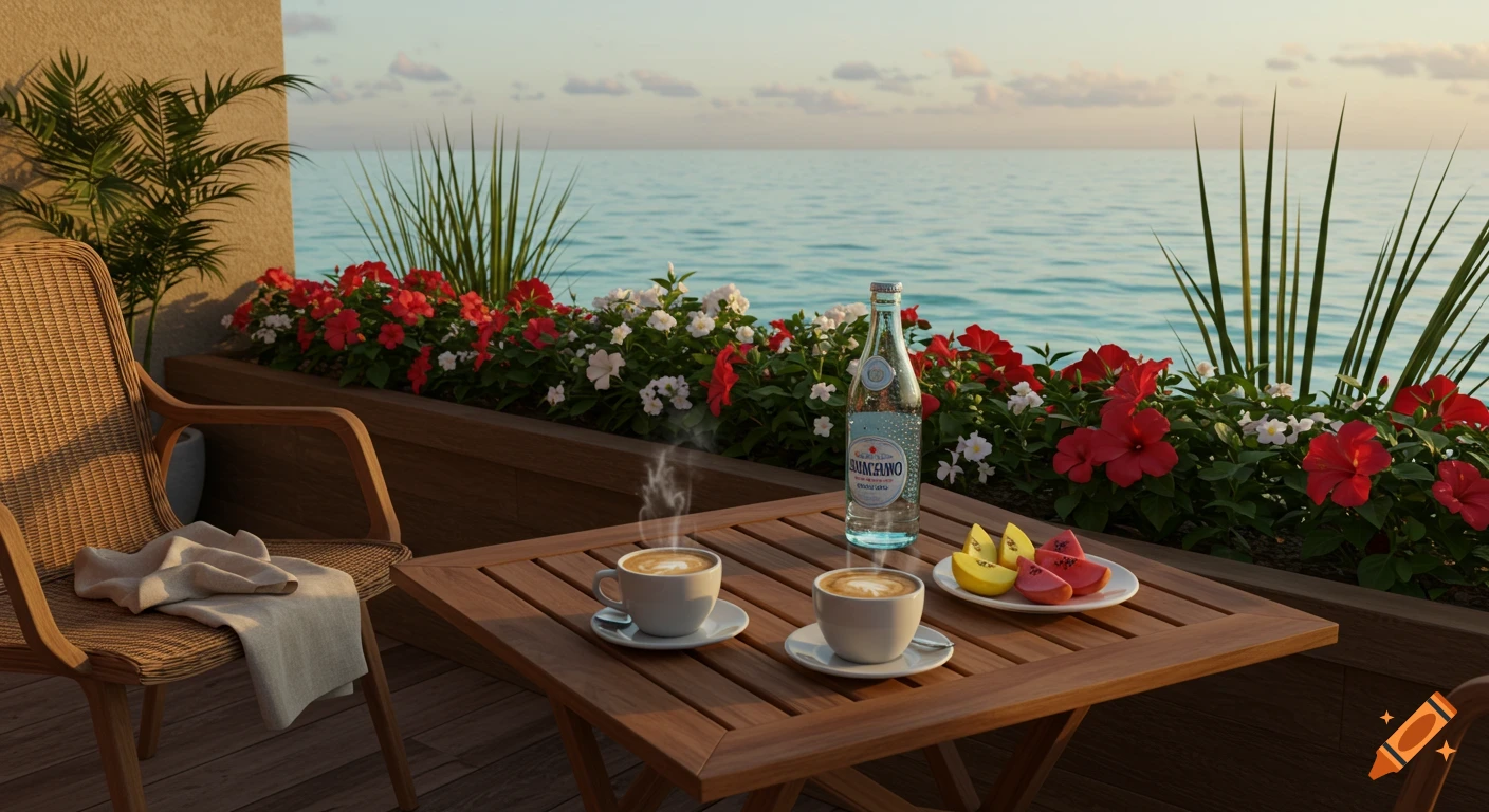 A close-up view from a seaside veranda with two cups of steaming coffee, a water bottle, and fruit on a wooden table, overlooking a calm turquoise ocean.