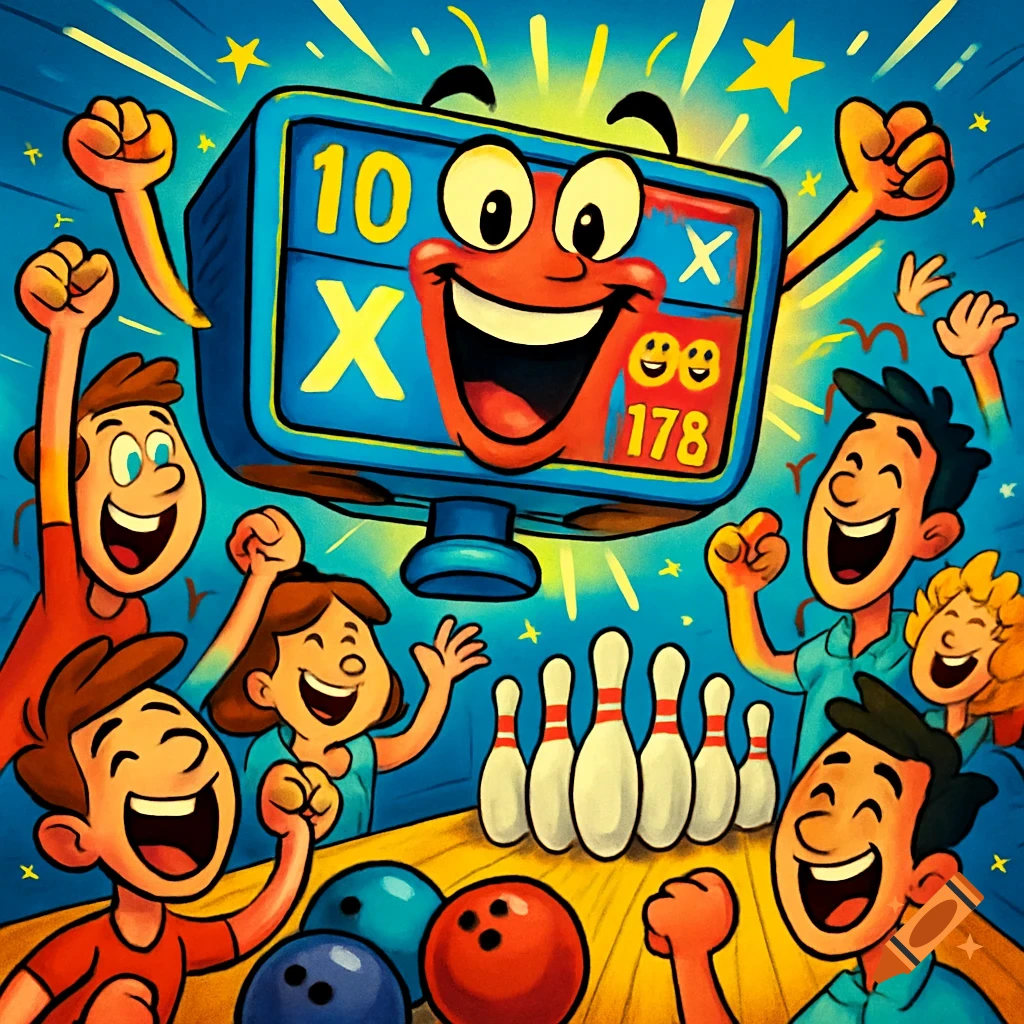 A vibrant cartoon illustration shows excited people cheering around bowling pins and balls, looking at a large, happy animated bowling score screen.