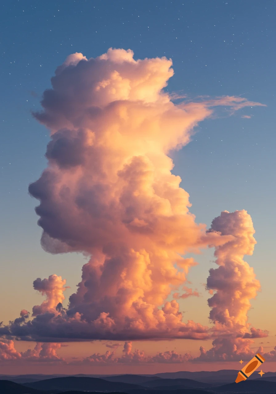 A large cloud resembling a human profile against a sunset sky with stars and mountains below.