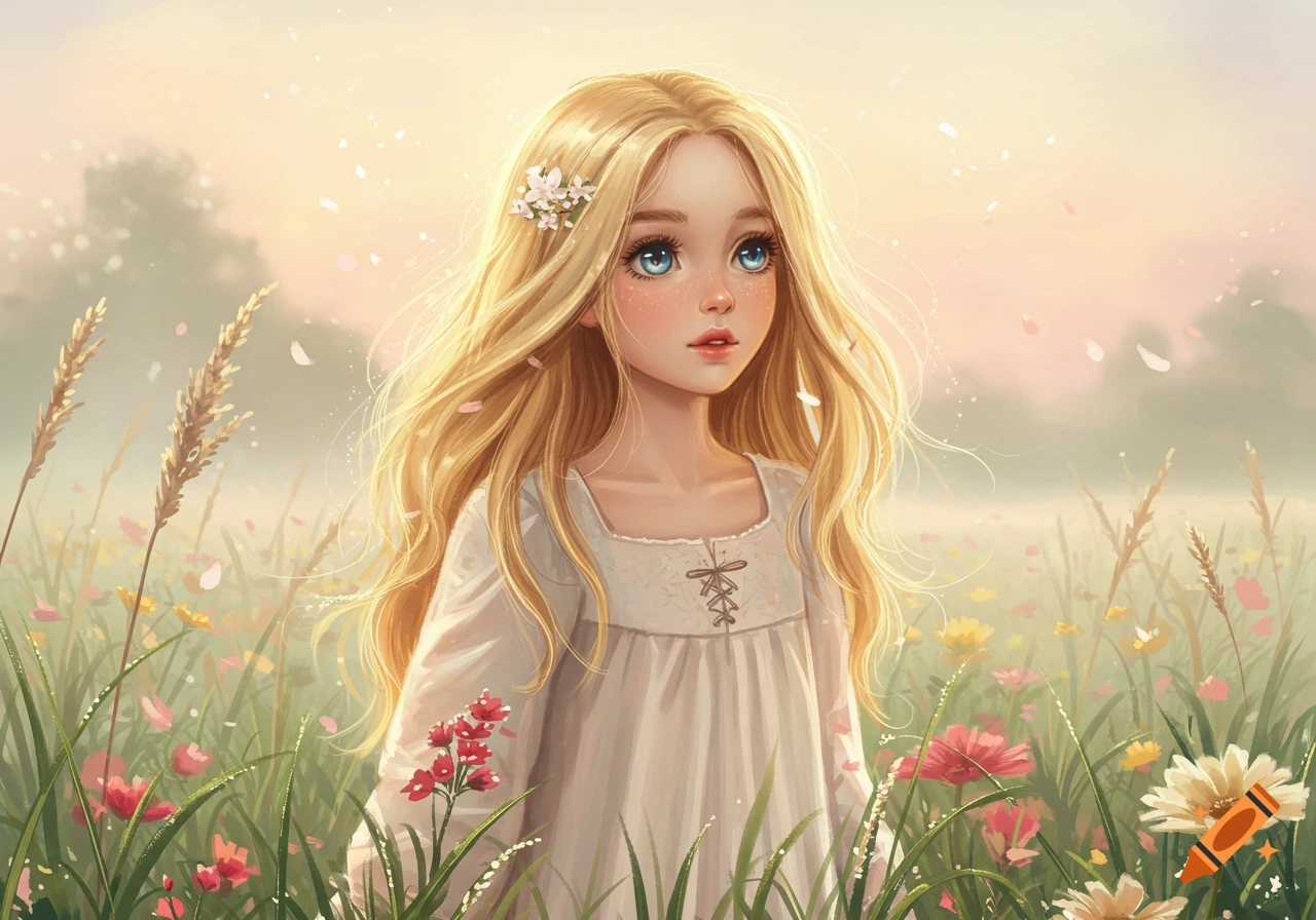 An illustrative portrait of a young blonde girl with blue eyes standing in a sunny field of colorful wildflowers.